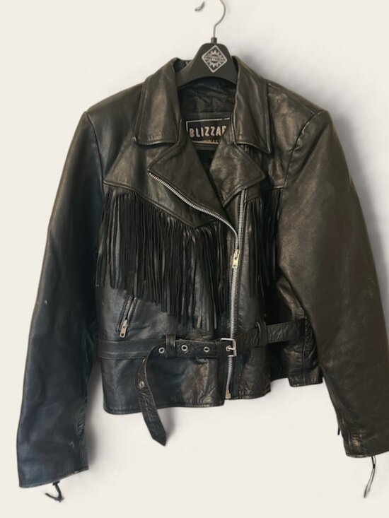 Blizzard Jackets & Blazers - vintage blizzard genuine black leather fringe belted motorcycle jacket